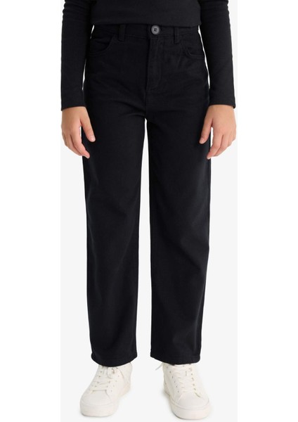 Kız Çocuk Straight Fit Geniş Bol Paça Cepli Pamuklu Okul Pantolonu