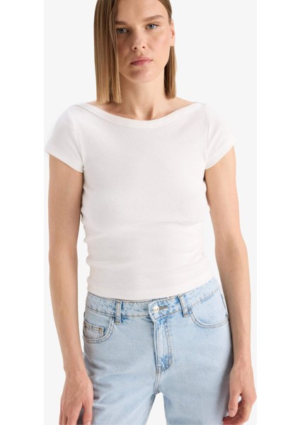 Slim Fit Dar Kesim Kayık Yaka Fitilli Kaşkorse Kısa Kollu Tişört