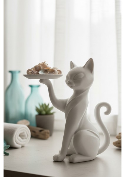 Zarif Kedi Sunumluk Organizer Beyaz Siyah Kırmızı Çok Fonksiyonel Tabağı