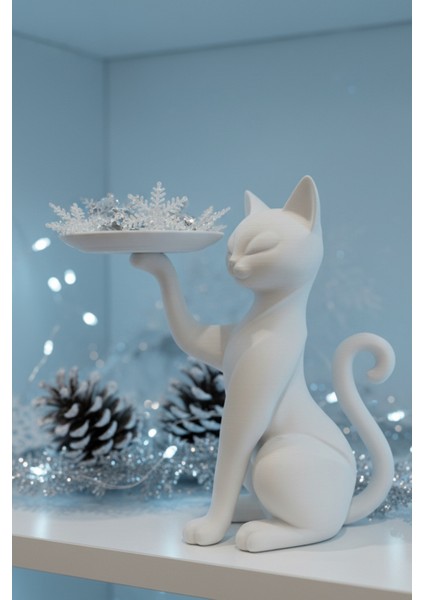 Zarif Kedi Sunumluk Organizer Beyaz Siyah Kırmızı Çok Fonksiyonel Tabağı