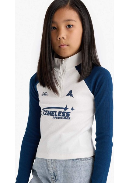 Kız Çocuk Fitted Dik Yaka Fermuarlı Baskılı Fitilli Kaşkorse Uzun Kollu Tişört E9654A825AU