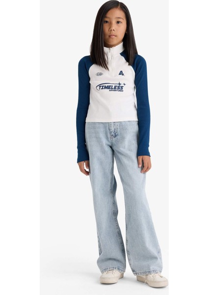 Kız Çocuk Fitted Dik Yaka Fermuarlı Baskılı Fitilli Kaşkorse Uzun Kollu Tişört E9654A825AU