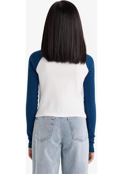 Kız Çocuk Fitted Dik Yaka Fermuarlı Baskılı Fitilli Kaşkorse Uzun Kollu Tişört E9654A825AU