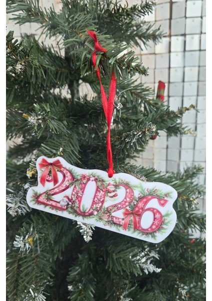 Yılbaşı Çiçekleri Fiyonklu Tasarım 2026 Yazılı Yılbaşı Ağacı Süsü