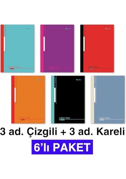 A4 Dikişli Okul Defteri 6 Lı Paket (3 Çizgili + 3 Kareli) - 60 Yaprak (120 Sayfa)