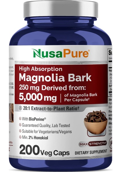 Magnolia Bark 20:1 Extract, 250 Mg Equivalent To 5,000 Mg 200 Vegan Vegetarian Capsules Non-Gmo