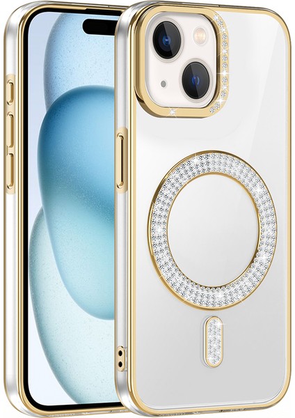 Apple iPhone 15 Kılıf Pırlanta Taş Tasarımlı M-Safe Şarj Özellikli Zore Karetta Silikon Kapak modelleri