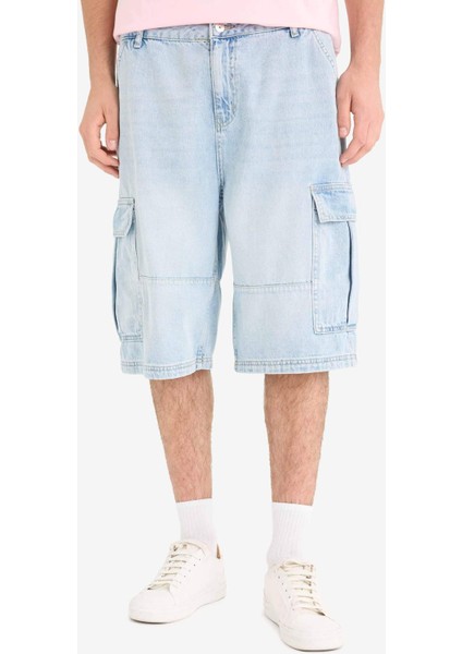 %100 Pamuk Kargo Fit Jean Bermuda Şort F4219AX25SM