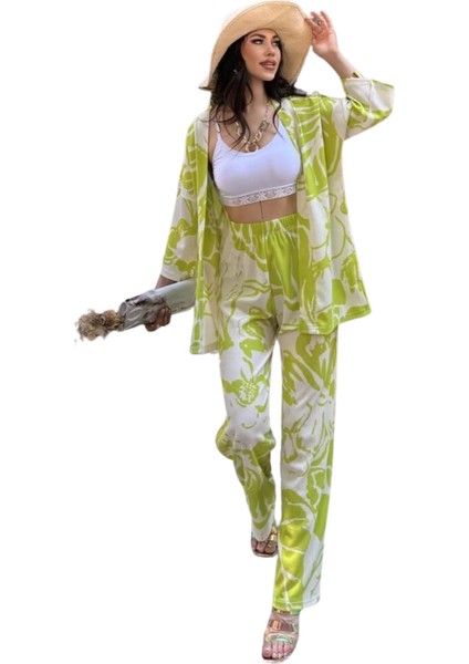 Alt Üst Takım Kimono- Desenli-Yeşil