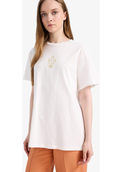 Regular Fit Bisiklet Yaka Baskılı Kısa Kollu Tişört Tunik F5123AX25SM