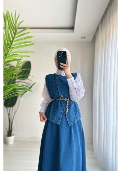 Kadın 2li Denim Takım Kemerli Yelek Etek