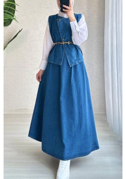Kadın 2li Denim Takım Kemerli Yelek Etek fiyatları