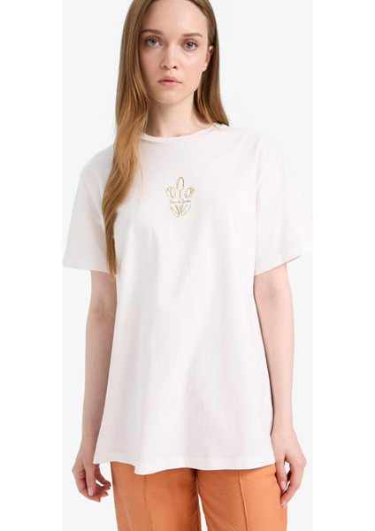 Regular Fit Bisiklet Yaka Baskılı Kısa Kollu Tişört Tunik F5123AX25SM