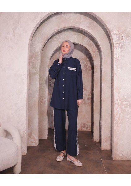 Tesettür Dantel Şeritli Tunik Pantolon 2'li Takım modelleri