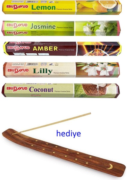 5 Paket 20 Çubuklu Tütsü Lemon - Amber - Lilly- Jasmine - Coconut - Kayık Hediyeli