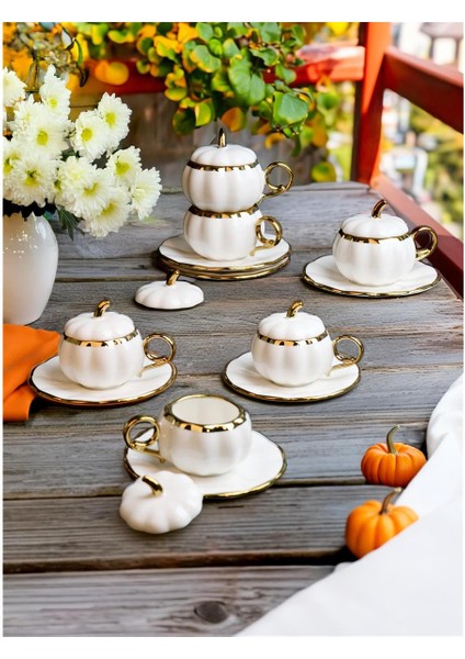 Pumpkın Kabak Model Yaldızlı Beyaz 6’lı Türk Kahve Fincan Takımı – 100 ml