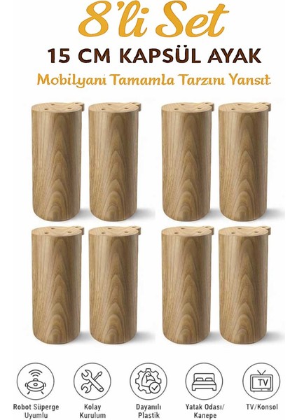 Kapsül Bohem 15 cm (8 Adet)Açık Kubik Ceviz Mobilya Kanepe Sehpa Tv Ünitesi Koltuk ve Konsol Ayağı