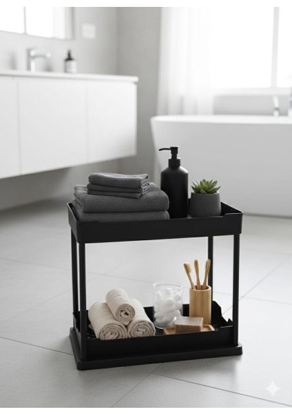 2 Katlı Dikdörtgen Kayar Çekmeceli Şık Tasarım, Dayanıklı Yapı Mutfak Düzenleyici Rafı Ünitesi Siyah