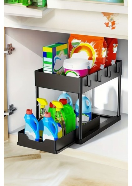 2 Katlı Dikdörtgen Kayar Çekmeceli Şık Tasarım, Dayanıklı Yapı Mutfak Düzenleyici Rafı Ünitesi Siyah fiyatları