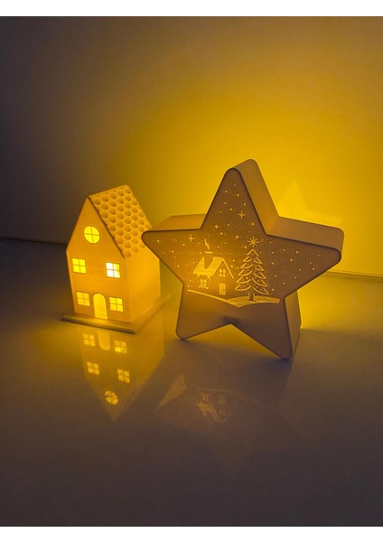 Yılbaşı Süsü Ledli Ev ve Ledli Yıldız Dekorasyon 2 Li Set 2 Adet LED Mum Dahildir