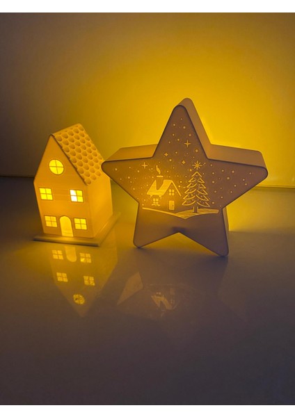 Yılbaşı Süsü Ledli Ev ve Ledli Yıldız Dekorasyon 2 Li Set 2 Adet LED Mum Dahildir fiyatları