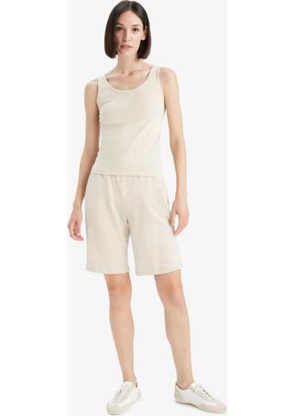 Regular Fit Beli Lastikli Düz Paça Bermuda Şort