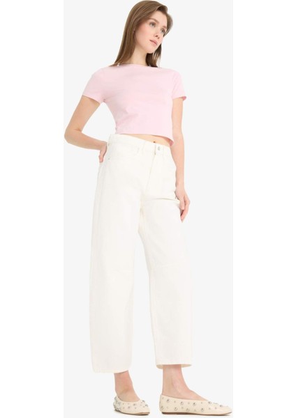 Barrel Fit Normal Bel Bilek Boy Beyaz Jean Pantolon