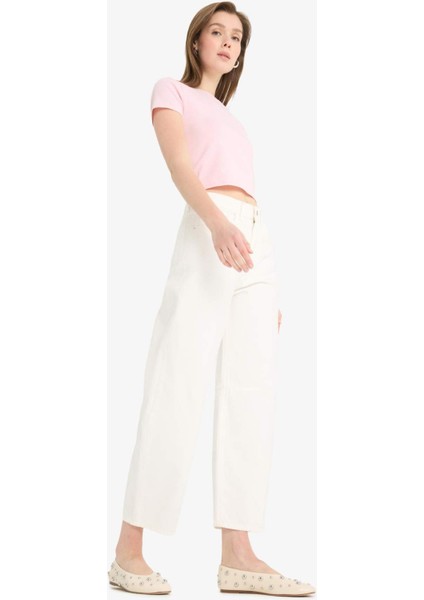 Barrel Fit Normal Bel Bilek Boy Beyaz Jean Pantolon