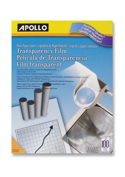 Apollo Fotokopi Makinesi Için Şeffaf Folyo, Şeffaf Üzerine Siyah, 100 Adet
