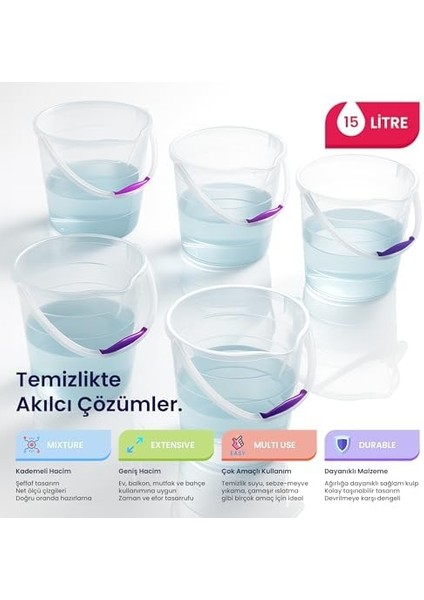 Life 15 Litre Şeffaf Temizlik Kovası - Kademeli Ölçekli, Ergonomik Saplı ve Çok Amaçlı Kullanım
