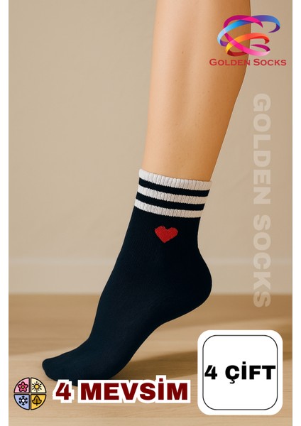 4 Çift Kadın Kalp Desenli Tenis Çorap, Yarım Konç Kolej Çorap