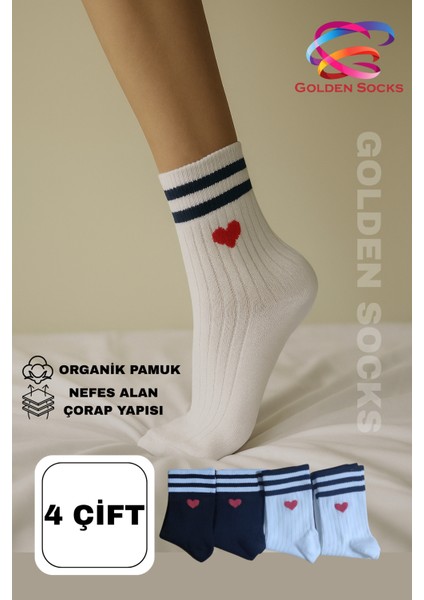 4 Çift Kadın Kalp Desenli Tenis Çorap, Yarım Konç Kolej Çorap modelleri