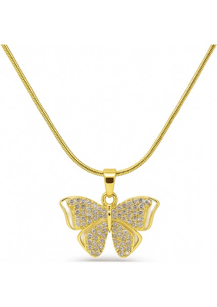 Kadın Çelik Kolye - Kelebek Tasarım - Beyaz Zirkon Taşlı - Altın Renk