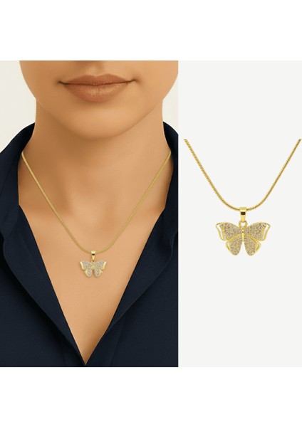 Kadın Çelik Kolye - Kelebek Tasarım - Beyaz Zirkon Taşlı - Altın Renk fiyatları