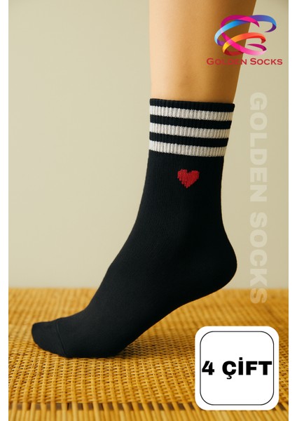 4 Çift Kadın Kalp Desenli Tenis Çorap, Yarım Konç Kolej Çorap