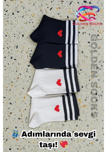 4 Çift Kadın Kalp Desenli Tenis Çorap, Yarım Konç Kolej Çorap