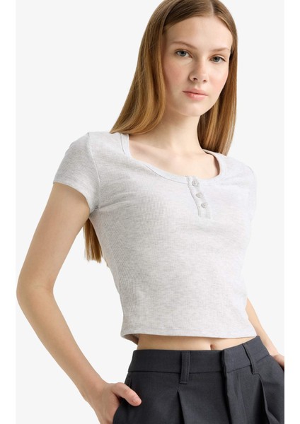 Fitted Yuvarlak Yaka Fitilli Kaşkorse Kısa Kollu Tişört F5185AX25SM