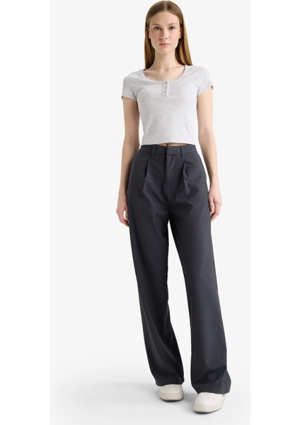 Fitted Yuvarlak Yaka Fitilli Kaşkorse Kısa Kollu Tişört F5185AX25SM