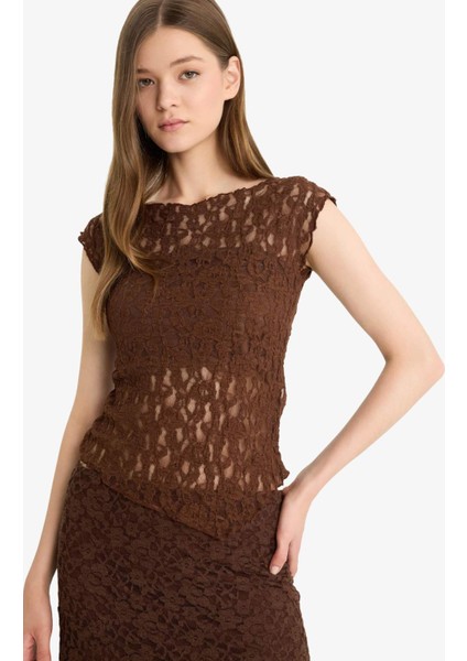 Fitted Yuvarlak Yaka Dantel Kısa Kollu Bluz F5197AX25HS