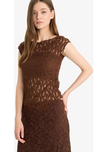 Fitted Yuvarlak Yaka Dantel Kısa Kollu Bluz F5197AX25HS