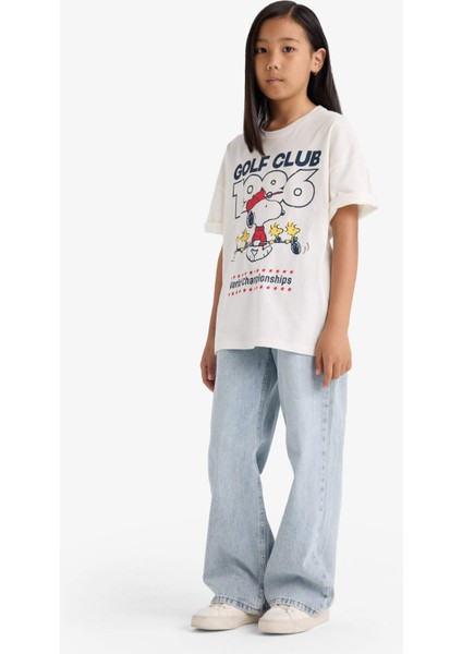 Kız Çocuk Snoopy Oversize Geniş Kalıp Bisiklet Yaka Kısa Kollu Tişört