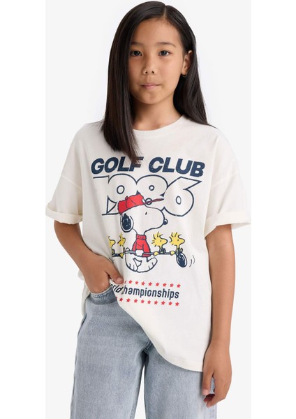 Kız Çocuk Snoopy Oversize Geniş Kalıp Bisiklet Yaka Kısa Kollu Tişört