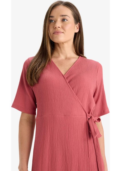 Regular Fit V Yaka Kruvaze Kapama Kısa Kollu Midi Yazlık Elbise F3913AX25HS