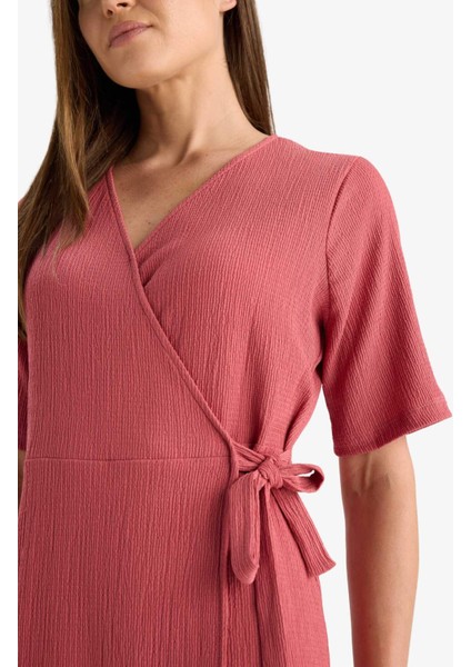 Regular Fit V Yaka Kruvaze Kapama Kısa Kollu Midi Yazlık Elbise F3913AX25HS