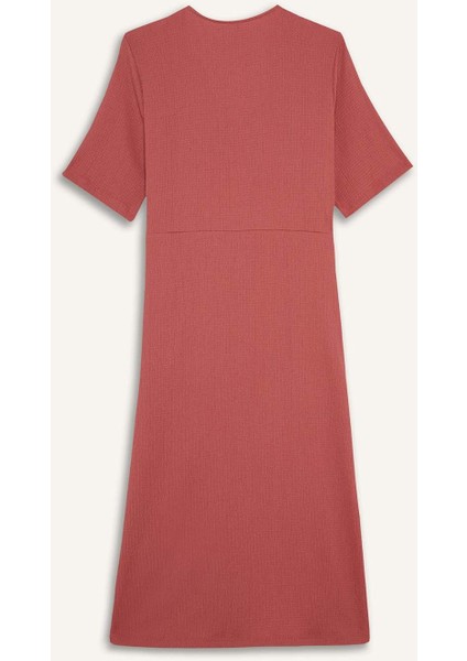 Regular Fit V Yaka Kruvaze Kapama Kısa Kollu Midi Yazlık Elbise F3913AX25HS