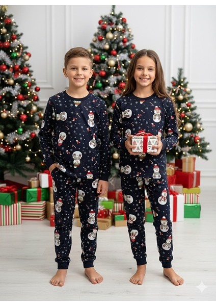 Yılbaşı Noel Desenli Çocuk Unisex Pijama Takımı Lacivert 4-8 Yaş