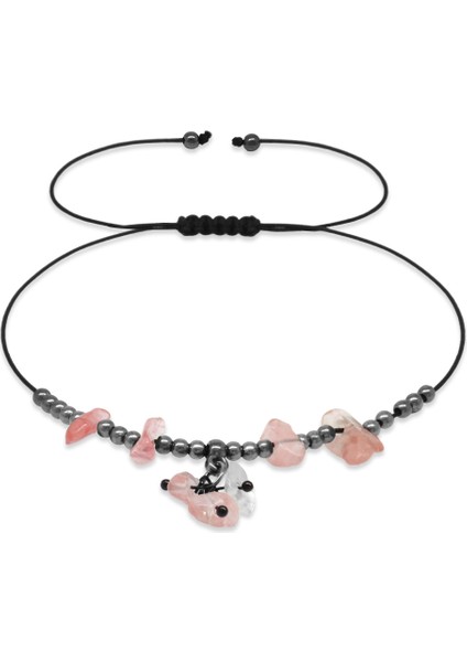 Makrome Örgülü Natural Kesim Gül Kuvars Doğaltaş Halhal