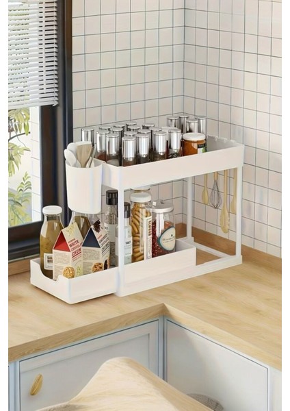 2 Katlı Dikdörtgen Kayar Çekmeceli Şık Tasarım, Dayanıklı Yapı Mutfak Düzenleyici Rafı Ünitesi Beyaz