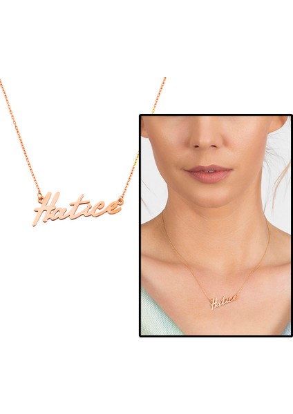 Yatay Tasarım Isme Özel Yazılı Rose Renk 925 Ayar Gümüş Bayan Kolye modelleri