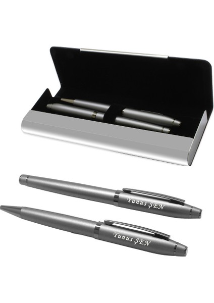 Isme Özel Yazılı Füme Renk Şık Kutulu Roller Tükenmez Kalem Seti fiyatları